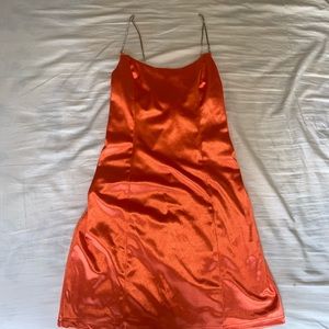 Neon Orange shein rhinestone strap satin dress